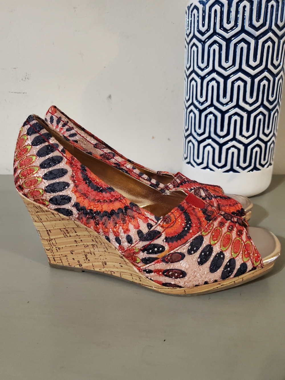 Y2k Wedge Peep Toe Heels Boho Tan Multi Lace